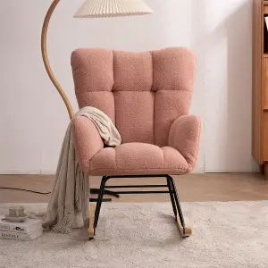 Mid Century Modern Teddy Fabric Tufted Upholstered Rocking Chair Padded Seat For Living Room Bedroom,Pink