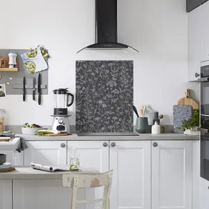 Laura Ashley Lisette Charcoal Silhouette Floral Glass Splashback, (H)750mm (W)600mm (T)6mm