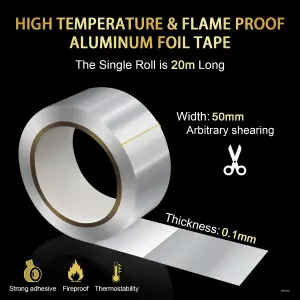 WOWLED Professional Adhesive Aluminum FoilTape for HVAC Pipe,  Fireproof Heat Resistant Tape 50MM x 50M,Reinforced Foil Duct Tape