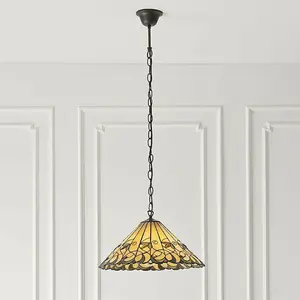 Tiffany Glass Hanging Ceiling Pendant Light Bronze & Amber Floral Shade i00126