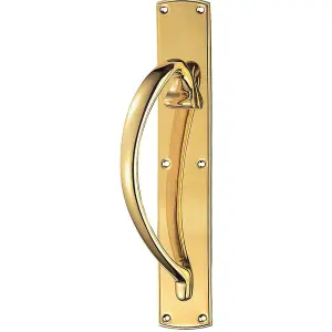 Left Handed Curved Door Pull Handle 457mm x 75mm Backplate Polished Brass