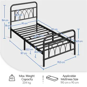 Yaheetech Black 3ft Single Metal Bed Frame with Petal Accented Headboard and Footboard