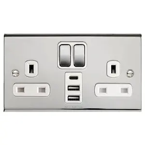 Deta SD1288CHW Slimline Décor Switch Socket 2 Gang DP with 2 x USB Charging Ports  1 x USB-C Charging Port (Polished Chrome/White