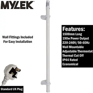 Mylek Tubular Heater 190W - 1500mm - Low Energy Tube - Built in Thermostat And Mounting Brackets Greenhouse, Garage, Caravan