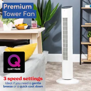 Russell Hobbs Tower Fan with Remote Control 1m Height 3 Speed Settings Oscillating 32W White RHTWR3S