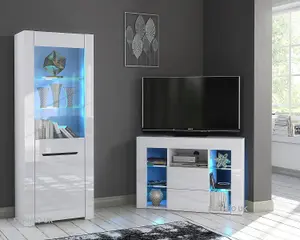 Furneo High Gloss & Matt White Living Room Set Corner TV Stand Display Cabinet Blue LED Lights