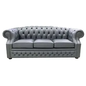 Chesterfield 3 Seater Vele Charcoal Grey Leather Sofa In Buckingham Style