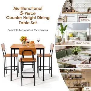 Costway 5PCS Industrial Dining Table Set Kitchen Bar Counter Height Table and 4 Stools