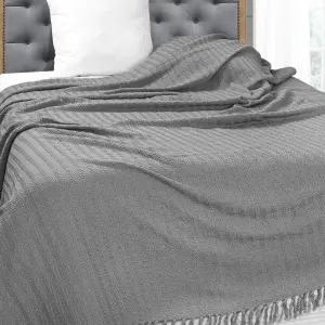 Nevni Decorative Rustic Cotton King Size Throw Blanket With Fringes For Sofa, Bed, Armchair, Couch Settee 225 x 250 cm - Grey