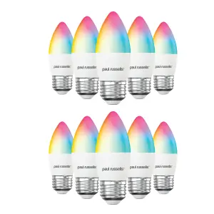 paul russells LED Candle Smart Light Bulb, 4.8W, Dimmable, 40W Equivalent, WiFi, RGB+2700K-6500K ES E27 Edison Screw, Pack of 10