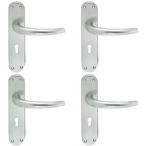 4 PACK - Rounded Sleek Latch & Lock Door Handle - Satin Chrome Lever on Backplate