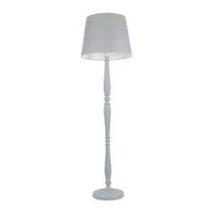 ValueLights Victoria Traditional White Wood Candlestick Floor Lamp with Grey Tapered Shade