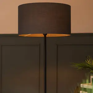 ValueLights Tavel Matte Black Floor Lamp with Table and Grey Shade