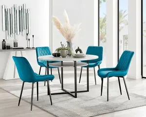 Adley Grey Concrete Effect And Black Round Dining Table with Storage Shelf and 4 Blue Velvet Black Leg Pesaro Dining Chairs