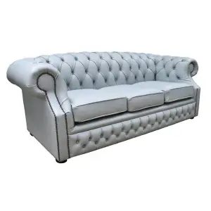 Chesterfield 3 Seater Sofa Moon Mist Grey Leather In Buckingham Style