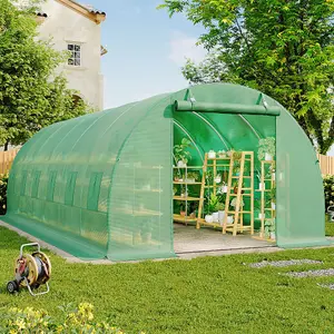 Green Walk In Steel Frame Garden Tunnel Greenhouse with Roll Up Door Windows, 6x3x2M