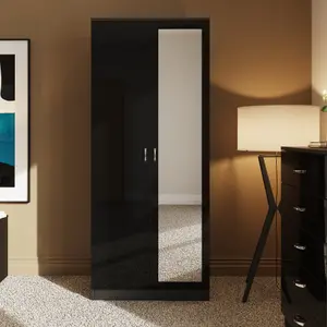 2 Door Mirrored Black Gloss Double Wardrobe Scratch Resistant Bedroom Furniture