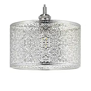 Ornate Moroccan Style Decorated Shiny Silver Metal Pendant Shade 25cm x 15cm