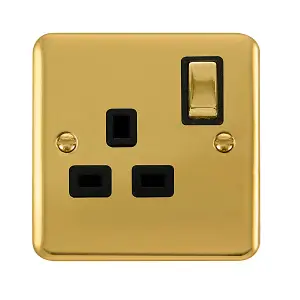 Curved Polished Brass 1 Gang 13A DP Ingot Switched Plug Socket - Black Trim - SE Home