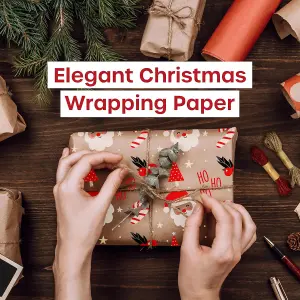 15m Eco-Friendly Kraft Christmas Wrapping Paper Roll with Santa Design - Recyclable Brown Gift Wrap, 43cm Wide