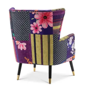 Fabric Patchwork Victoria Accent Wingback Chair with Footstool