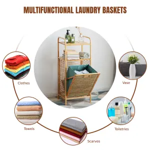 Costway Bamboo Bathroom Shelf Tilt-out Laundry Hamper Storage Organiser w/ Laundry Basket