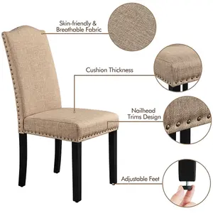 Yaheetech Set of 2 Khaki Classic Fabric Upholstered Dining Chair with Nailhead Trim