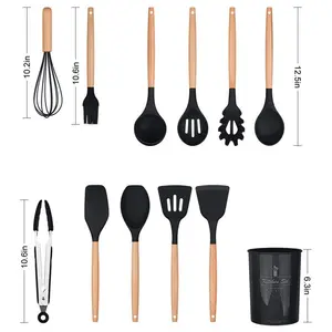 Silicone Cooking Utensils Kitchen Utensil Set, 12 Pieces Natural Wooden Handles Cooking Tool BPA Free Non Toxic Silicone Turner Tongs Spatula Spoon Kitchen Gadgets Utensil Set (Purple) Black