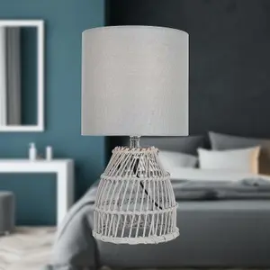 First Choice Lighting Bamboo Grey Wash Bamboo 32cm Table Lamp With Grey Fabric Shade