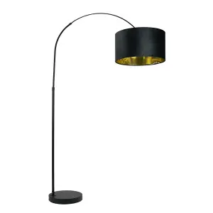 ValueLights Louis Black Arched Floor Lamp with Black Velvet Drum Metallic Gold Inner Shade and LED Bulb