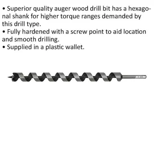 30mm x 465mm Hardened Auger Drill Bit with Hex Shank for Woodworking