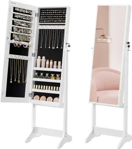 SONGMICS Full-Length Mirror Jewellery Cabinet, Standing Armoire with Lockable Storage, White Surface and Black Lining