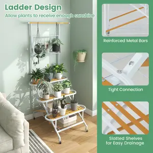 Costway 4-Tier Hanging Plant Stand Ladder Shelf W/Hanging Bar & Trellis Plant Holder