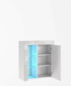 Compact Display Bookcase Glass Shelving 1 Door Blue LEDs White High Gloss - Lily