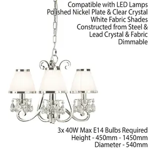 Esher Ceiling Pendant Chandelier Nickel Crystal & White Shades 3 Lamp Light