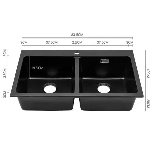 Quartz Undermount Kitchen Sink Double Bowl Black 835x490mm