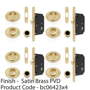 4 PACK - Sliding Pocket Door Lock & Latch Set - Satin Brass Rounded Forend Finger Pull