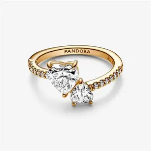 Pandora Double Heart Sparkling Ring - 14K Gold Plating / Cubic Zirconia - Sz. 50