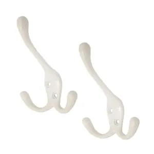 2 x Satin White Metal Triple Hat and Coat Hooks, Door Robe Dress Hangers