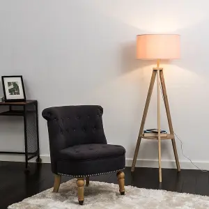 ValueLights Morrigan Light Wood Tripod Design Floor Lamp with Storage Shelf and Pink Drum Shade