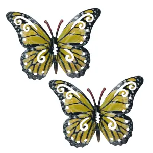 Small Yellow Metal  Butterfly Garden/Home Wall Art Ornament 11x8.5cm 2pk