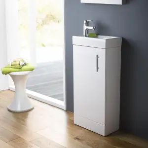 Floor Standing Vanity Unit & Basin Sink Bathroom Cloakrooom Compact 400mm White Inc. Tap & Waste