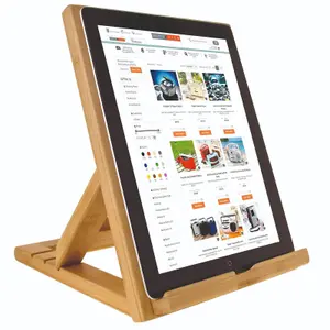 Bamboo Tablet Holder - Foldable Wooden Device Stand with 3 Adjustable Angles for Tablets, Phones & E-Readers - H25 x W20 x D25cm