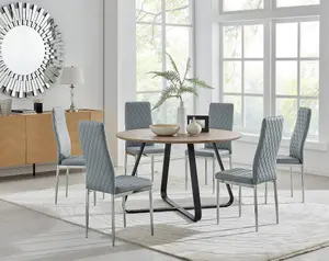 Furniturebox UK Santorini Brown Wood Effect Round Dining Table & 6 Grey Milan Chrome Leg Chairs