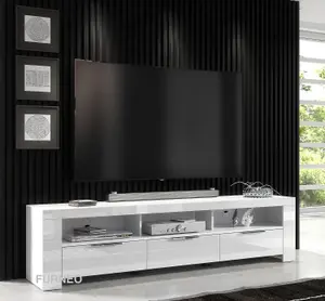 Furneo 200cm White Long TV Stand Unit Cabinet Matt & High Gloss RGB (multicoloured) LED Lights Phantom 10