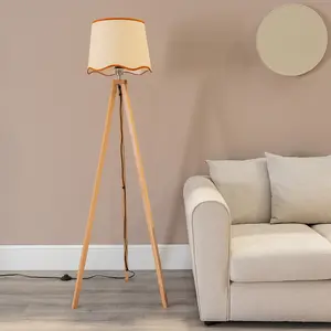 ValueLights Barbro Light Wood Tripod Floor Lamp with Natural Linen Scallop Rust Edge Shade