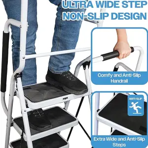 4 Step Safety Stepladder - White Foldable Ladder with Wide Non-Slip Treads, Safety Handrail & Rubber Ferrules - H159 x W53 x D84