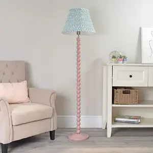 ValueLights Bobbles Rose Pink Bobbin Floor Lamp with Green Arrow Pleated Shade