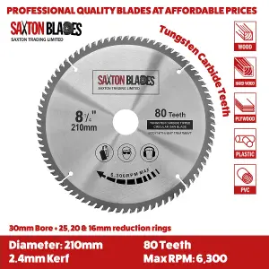 Saxton TCT21080T TCT Circular Saw Blade 210mm x 80 Teeth x 30mm Bore + 16, 20 and 25mm Rings