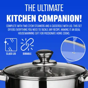 New 3pc Stainless Steel Steamer Cooker Set Pan Cooking Food Glass Lids Cookware